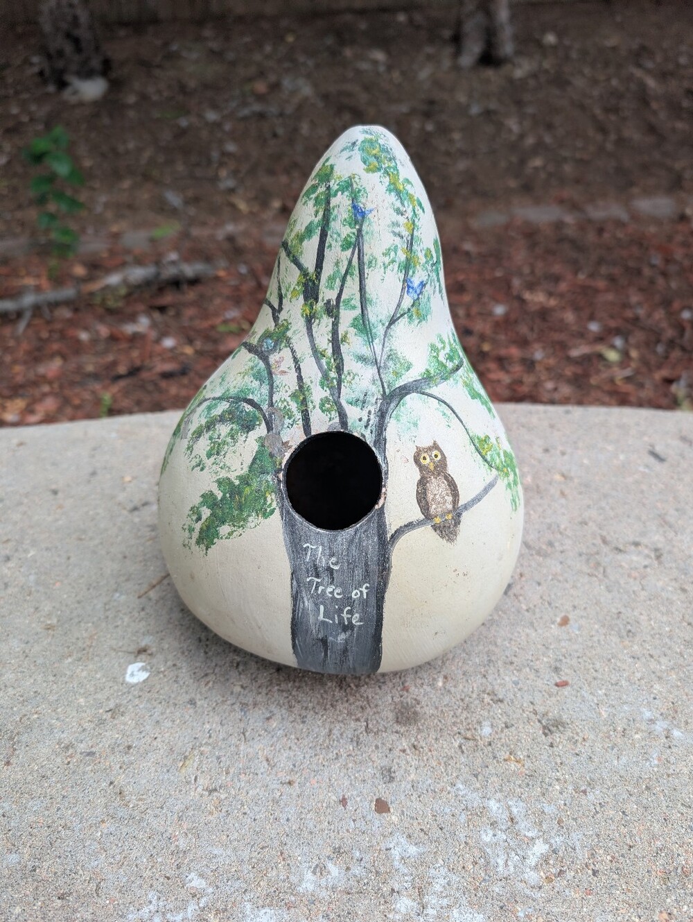 Hand-Painted 'Tree of Life' Gourd Birdhouse - Cream & Green